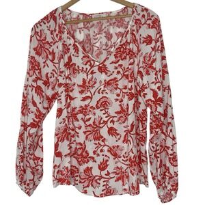 Emily Wonder Top Women's Size Large Floral Pink Red Blouson Sleeves